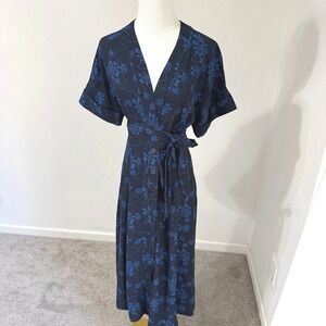 EQUIPMENT Eclipse Blue Nauman Navy Blue Floral Print Wrap Midi Dress Size 0 RTR